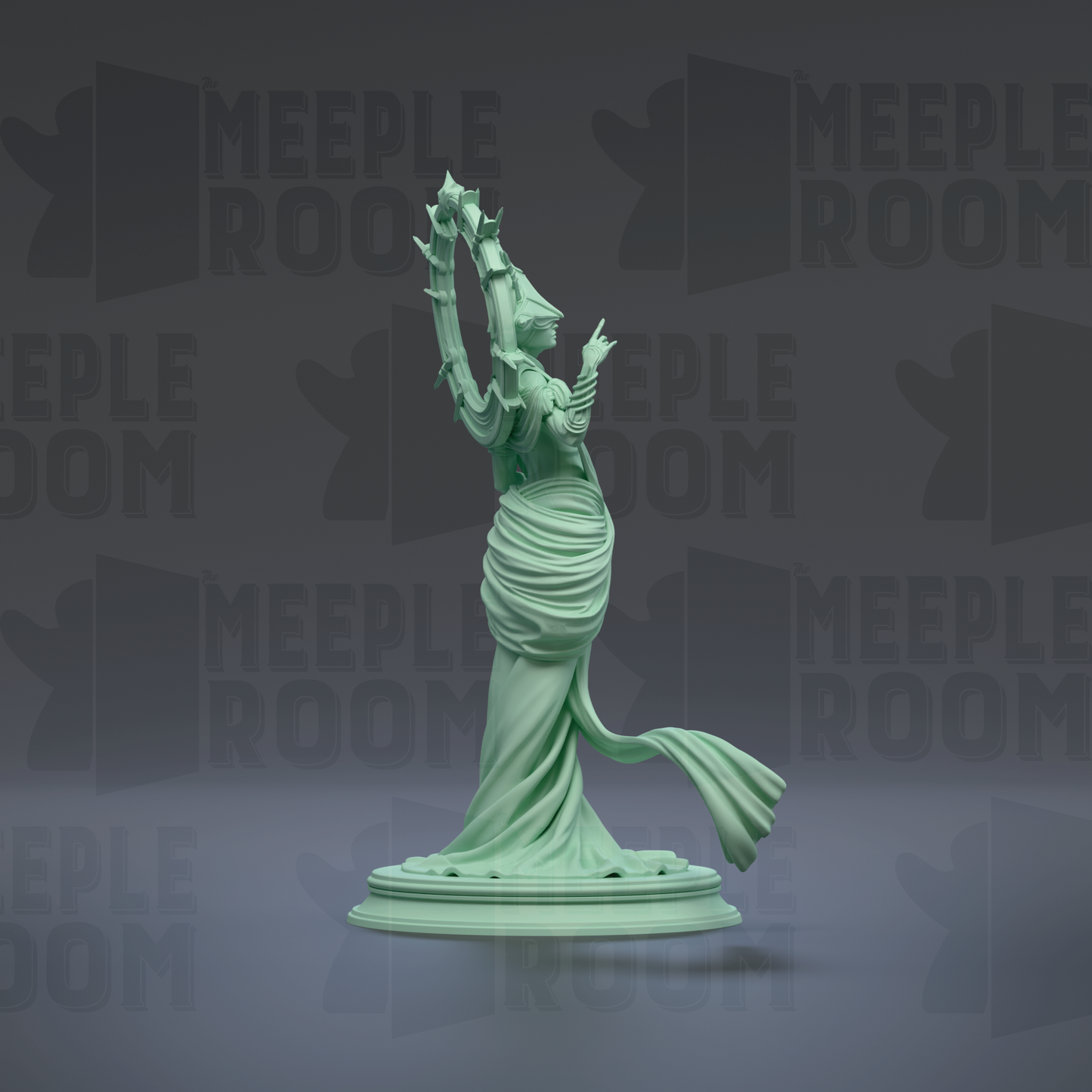 A green statue of a woman with a flowing dress and a crown, standing on a pedestal and holding a wreath.