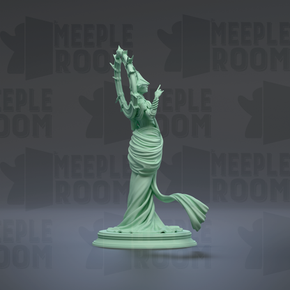 A green statue of a woman with a flowing dress and a crown, standing on a pedestal and holding a wreath.