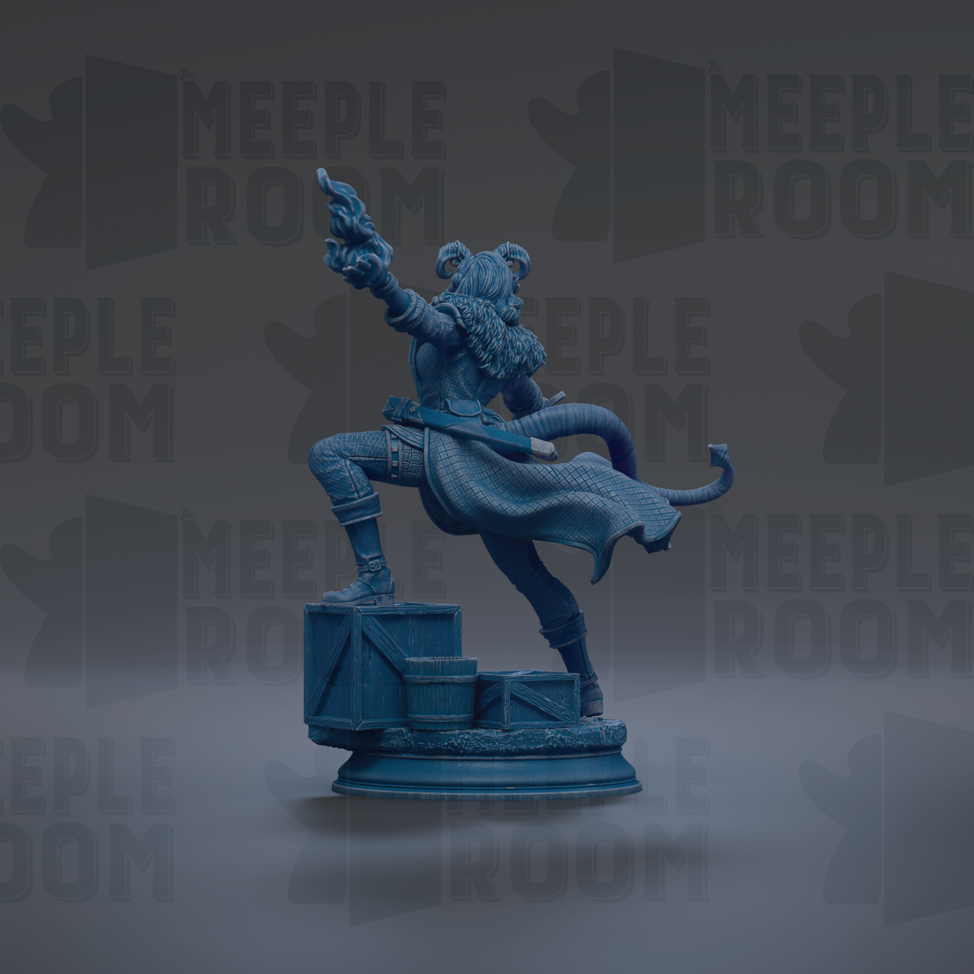 A blue statue of a person with a sword and flowing cape, standing on a pedestal.