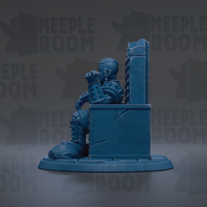 A blue figurine of a seated person, possibly a character from a fantasy or science fiction setting, is displayed against a dark background with repeated text.