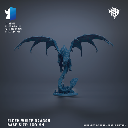 a large, blue, winged dragon statue with a long tail, standing on a base. The dragon is depicted in a dynamic pose, with its wings spread wide. The image is a 3D rendering of the Elder White Dragon, a mythical creature known for its strength and ferocity. The base sizes of the dragon statue are 100 mm. The image is a 3D rendering of the Elder White Dragon, and it is a sculpture by Mini Monster Mayhem.