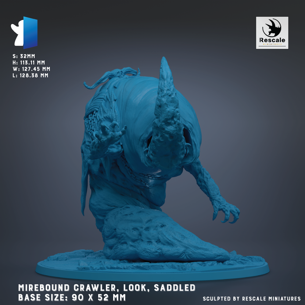 The image is a 3D rendering of a blue, sculpted creature resembling a large, crawling animal. The creature has a saddleled appearance and is positioned on a base that is described as having a base size of 90 x 52 mm. The image is a 3D model of a sculpture, and it is not a collage of multiple images. The image does not contain any text, and it is not a description of the image. The image is a detailed representation of a sculpted creature.