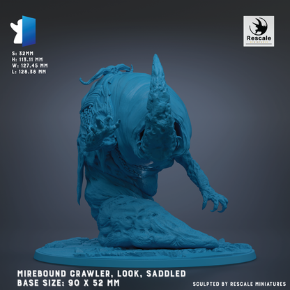 The image is a 3D rendering of a blue, sculpted creature resembling a large, crawling animal. The creature has a saddleled appearance and is positioned on a base that is described as having a base size of 90 x 52 mm. The image is a 3D model of a sculpture, and it is not a collage of multiple images. The image does not contain any text, and it is not a description of the image. The image is a detailed representation of a sculpted creature.