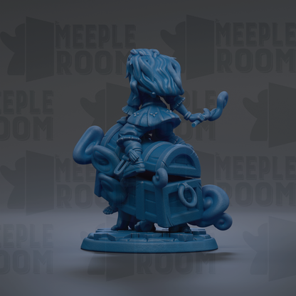 A blue figurine of a person sitting on a chest, with the word "MEIPLLE ROOM" repeated in the background.