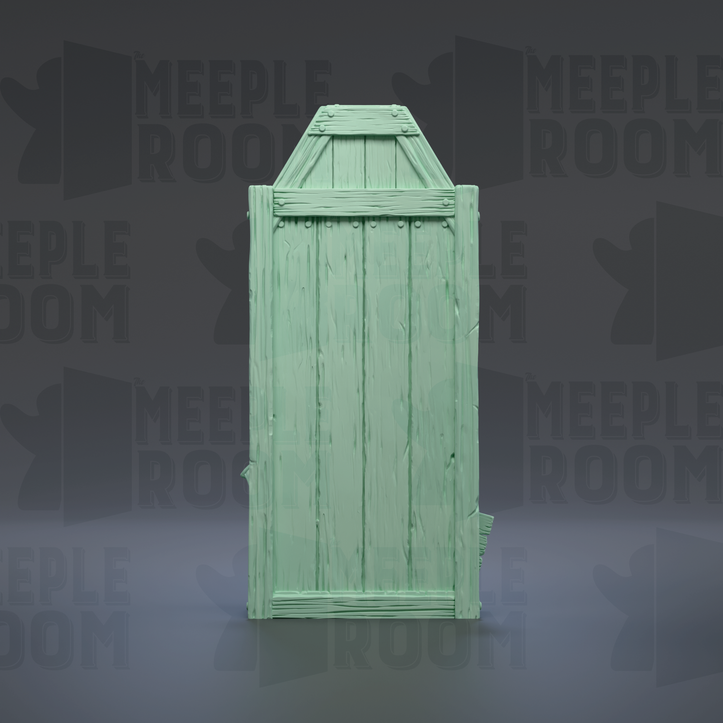 A green wooden door with vertical slats, set against a dark background with repeated text.