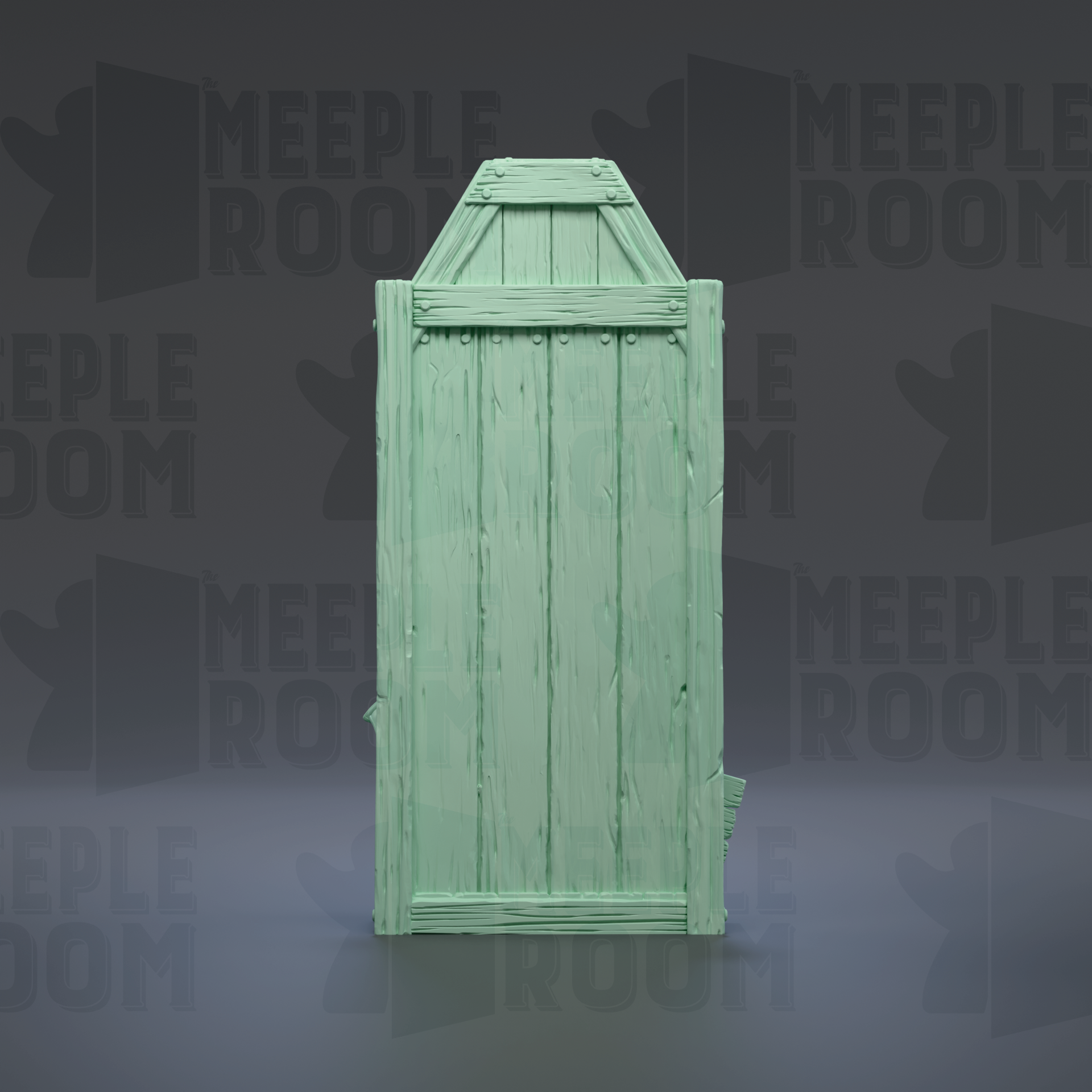 A green wooden door with vertical slats, set against a dark background with repeated text.
