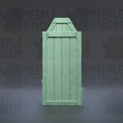 A green wooden door with vertical slats, set against a dark background with repeated text.