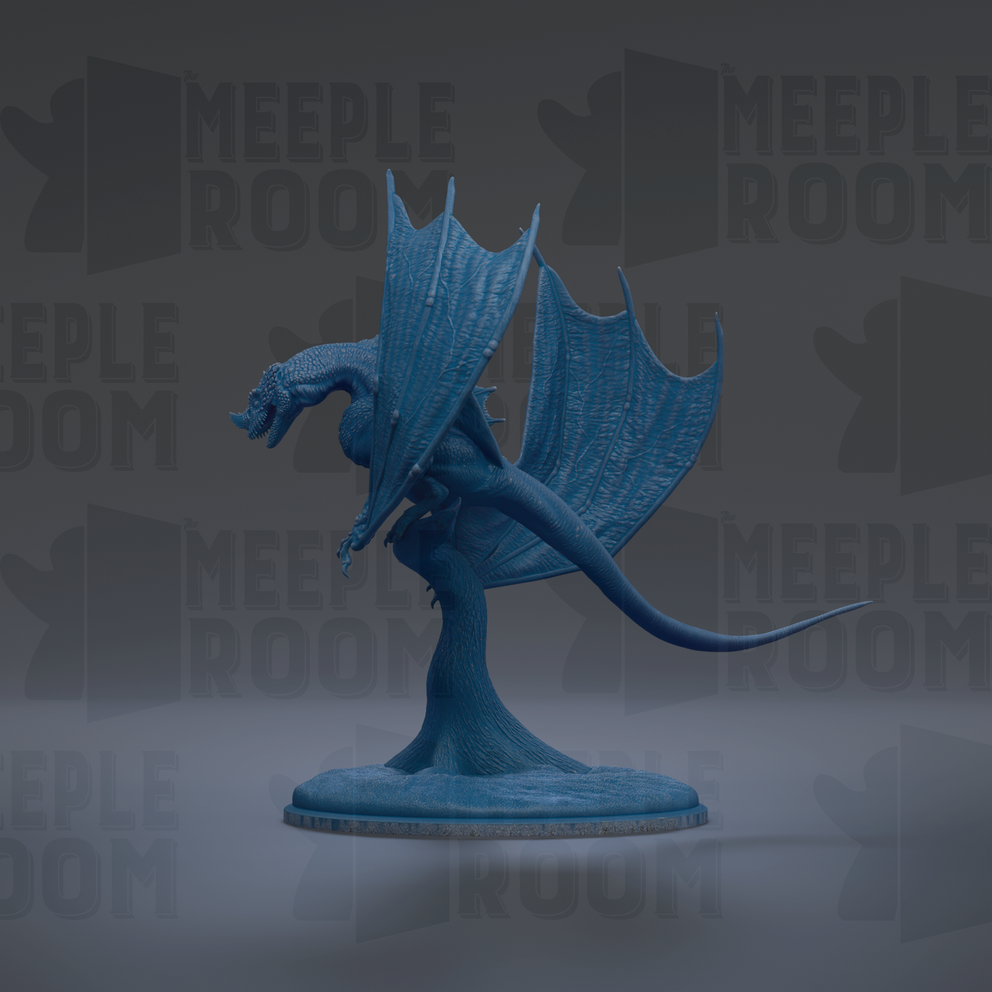 A blue dragon figurine is shown in a dynamic pose, with its wings spread wide and its tail curled around its body. The dragon is standing on a base, giving it a sense of stability and power. The background is dark, which contrasts with the dragon and makes it stand out prominently. The image does not contain any text or other discernible objects, and the dragon is the sole focus of the image.