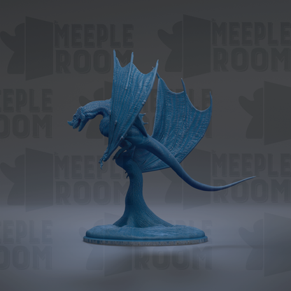 A blue dragon figurine is shown in a dynamic pose, with its wings spread wide and its tail curled around its body. The dragon is standing on a base, giving it a sense of stability and power. The background is dark, which contrasts with the dragon and makes it stand out prominently. The image does not contain any text or other discernible objects, and the dragon is the sole focus of the image.
