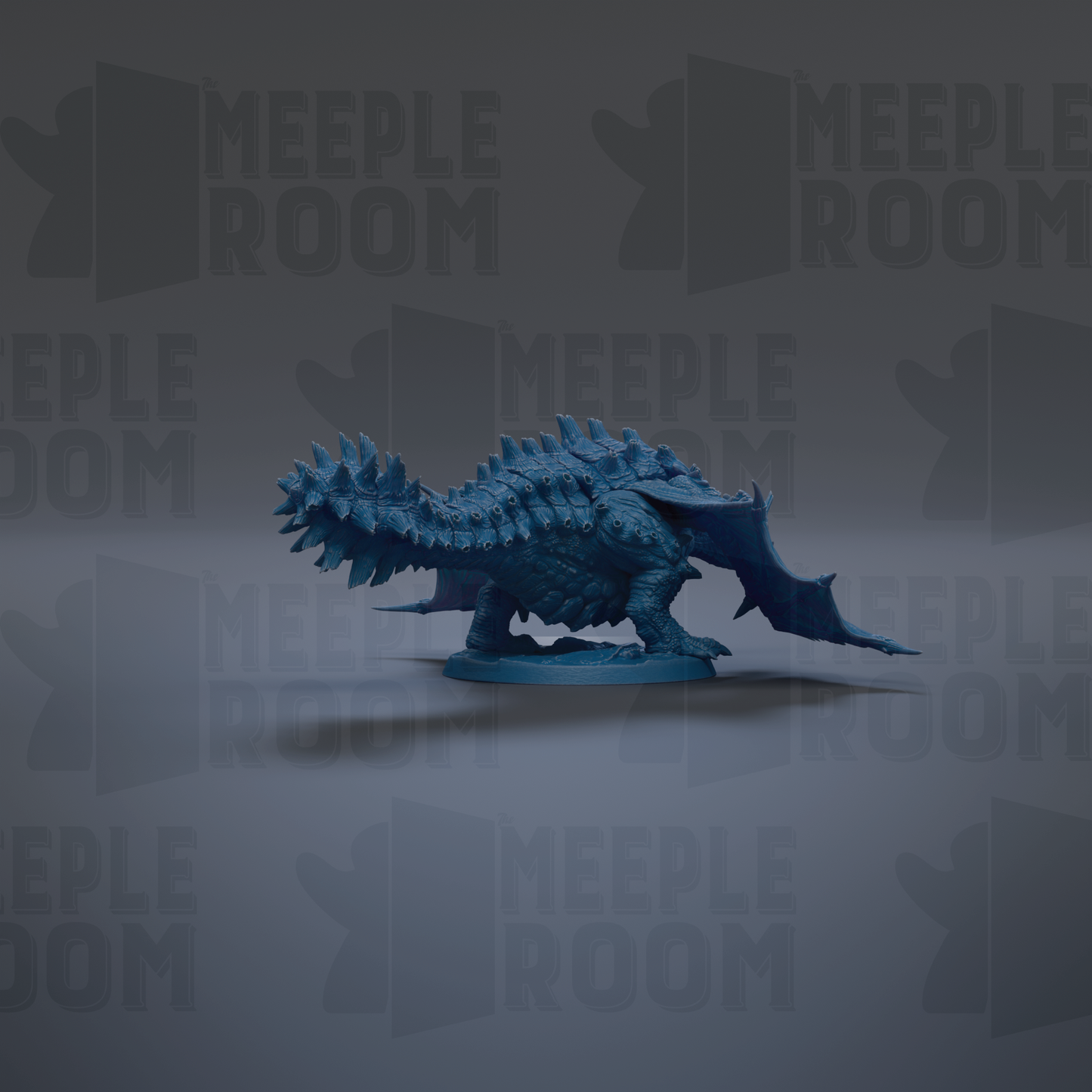 A blue, spiky-scaled dragon figurine is the central focus of the image, set against a dark background with repeated text.