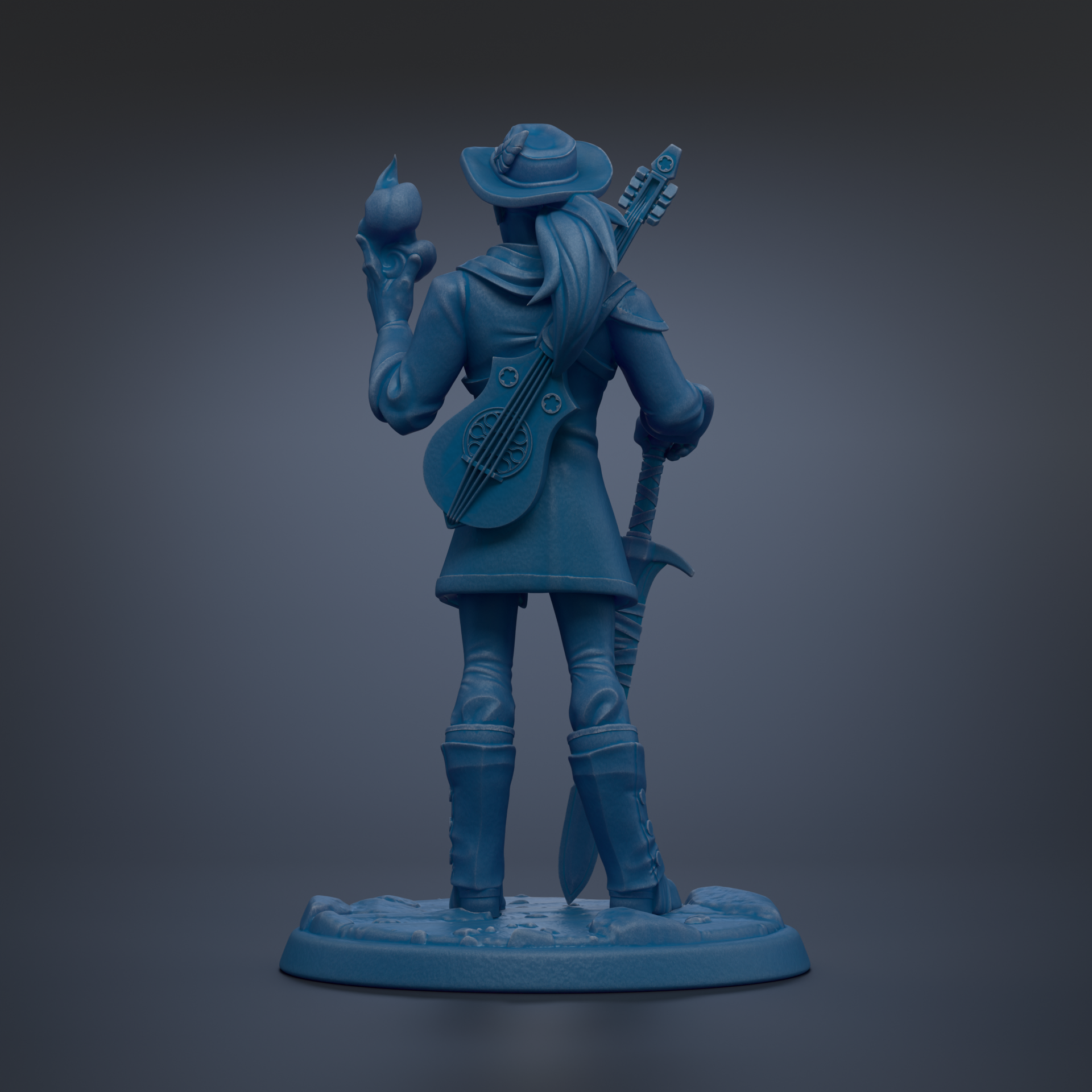 A blue figurine of a person holding a guitar and an apple, standing against a dark background.