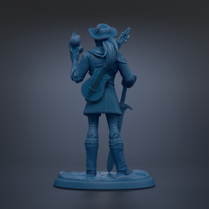 A blue figurine of a person holding a guitar and an apple, standing against a dark background.