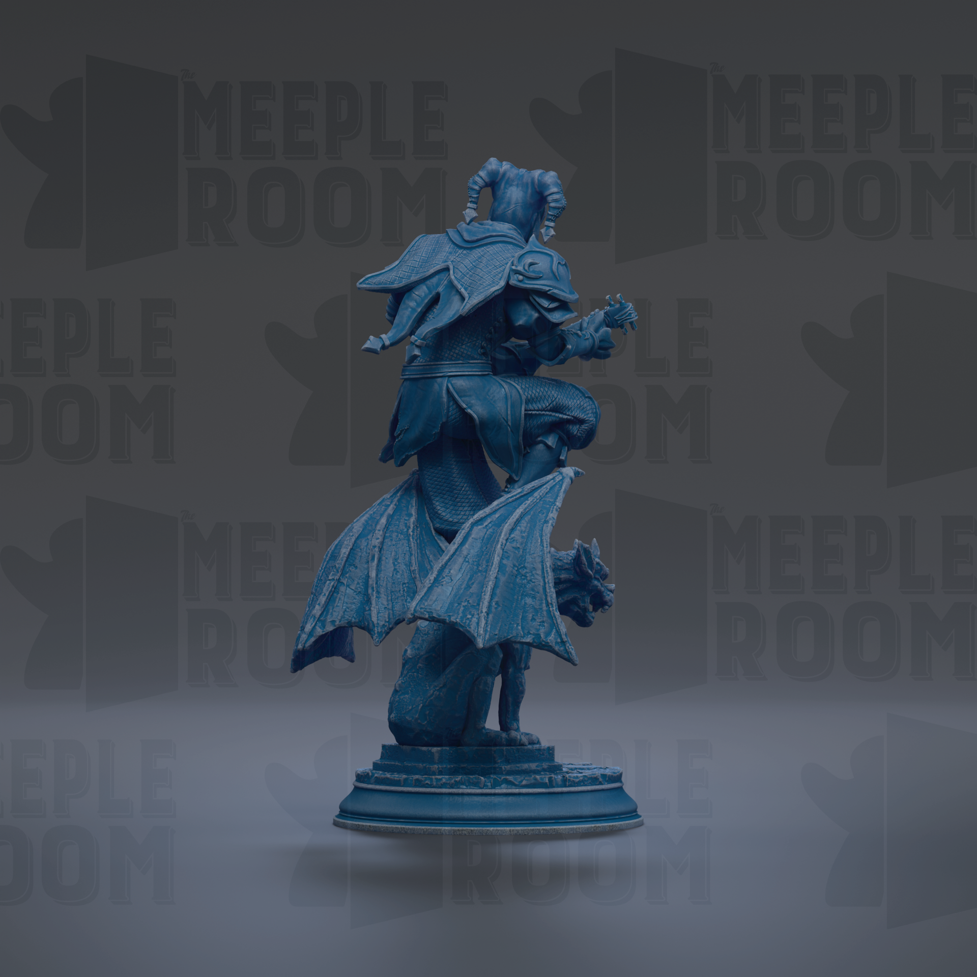 A blue statue of a winged creature with horns, standing on a pedestal against a dark background with repeated text.