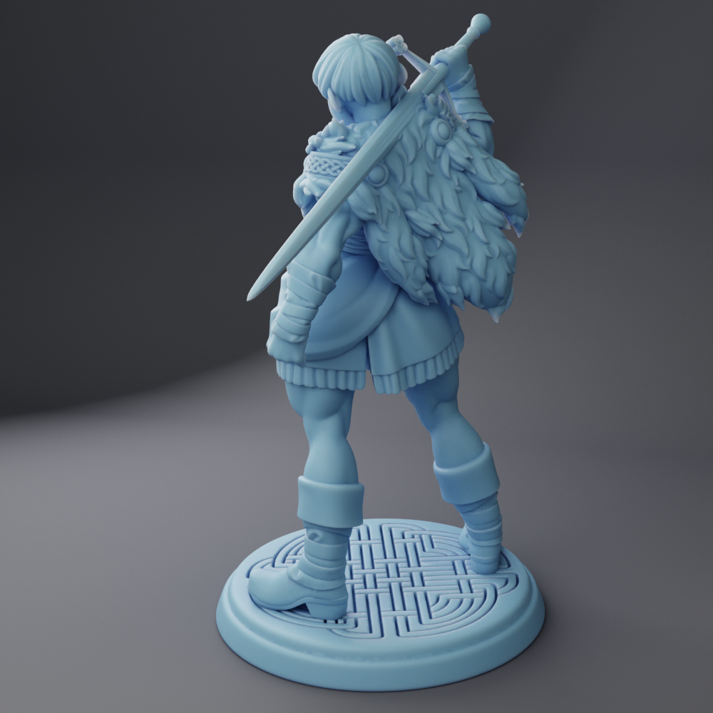 A 3D model of a female character holding a sword and a large feather-like object, standing on a circular base.