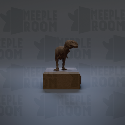 A 3D rendering of a dinosaur statue standing on a wooden base against a gray background with repeated text.