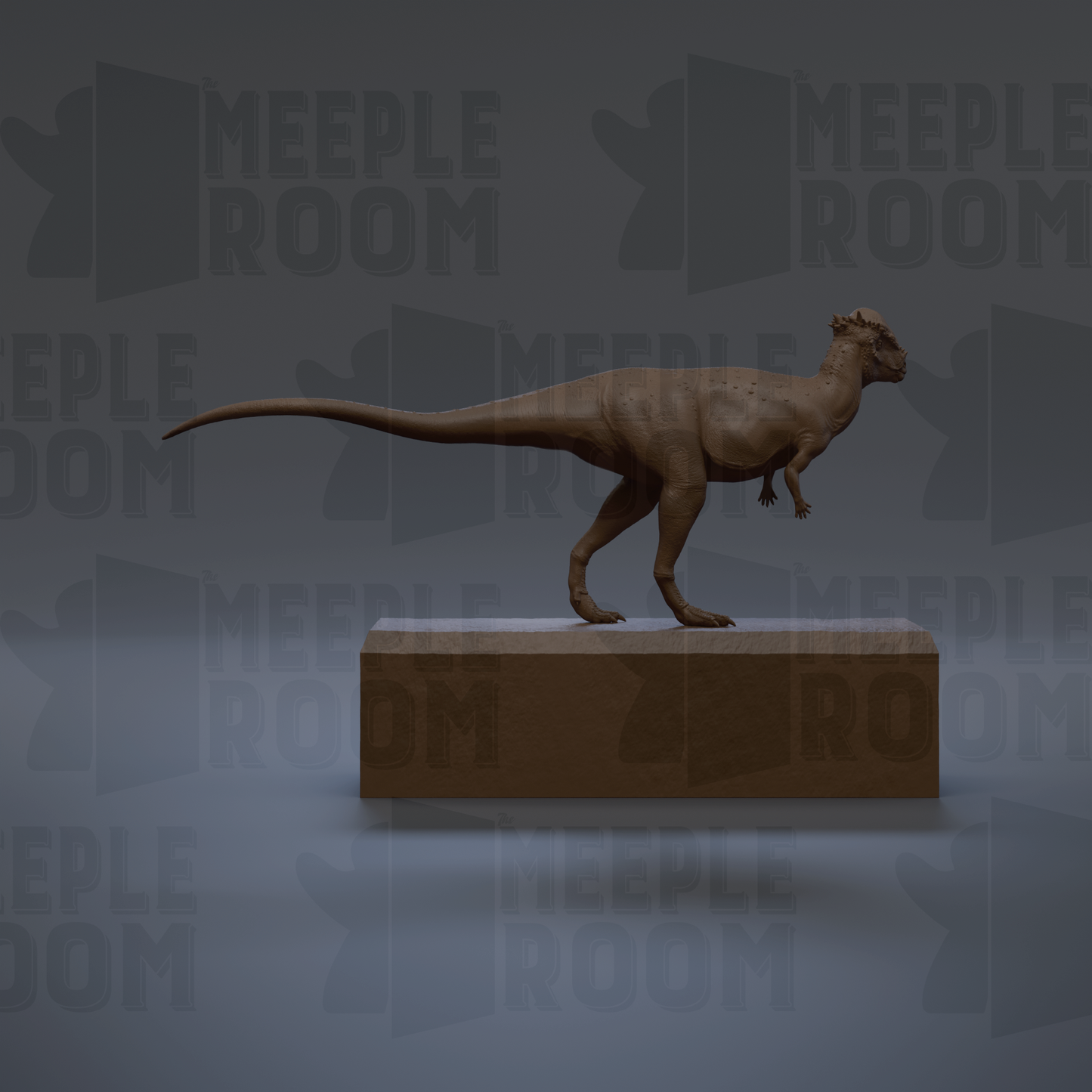 A 3D rendering of a dinosaur statue on a wooden base, with the background featuring repeated text that reads "MEEPLE ROOM".