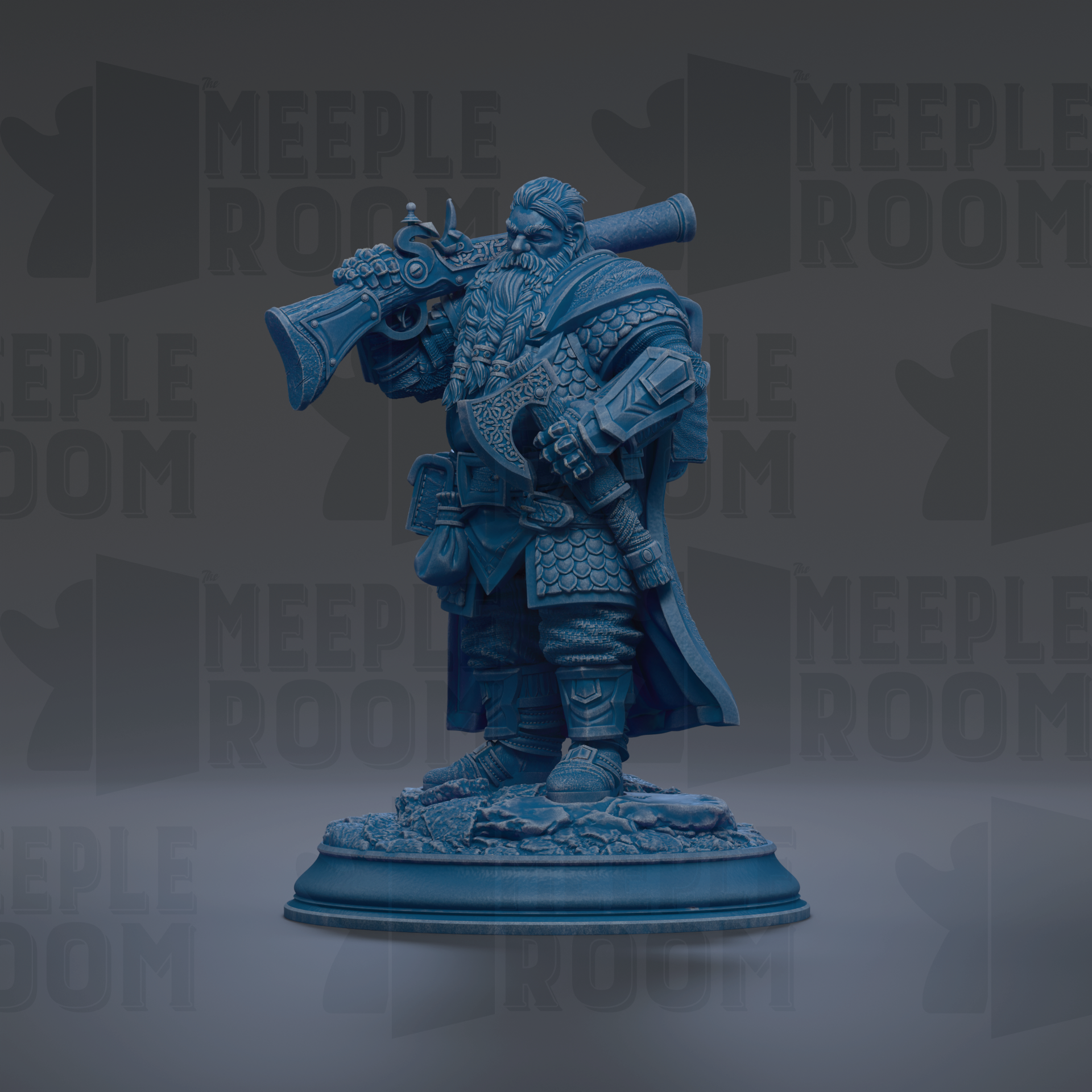A blue figurine of a bearded man holding a gun and standing on a base, with the text "MEUPLE ROOM" repeated in the background.
