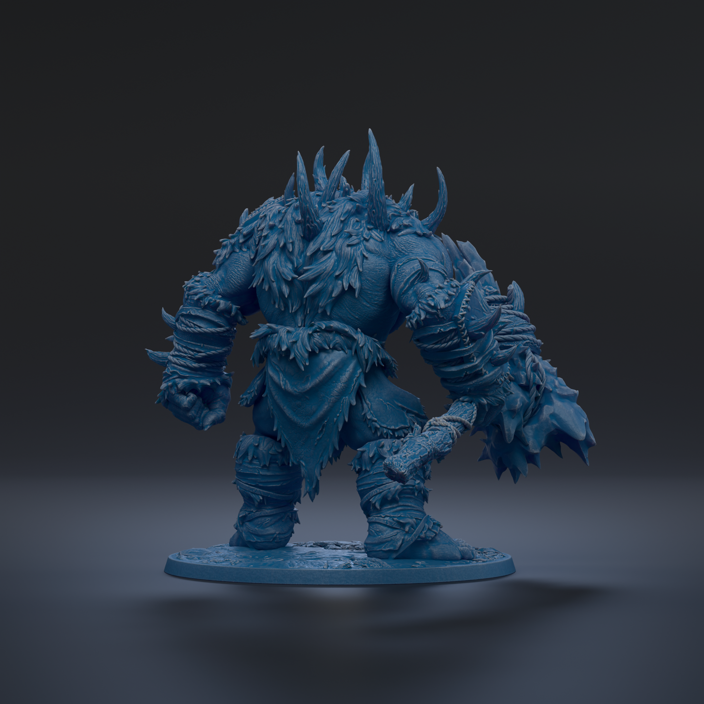 A detailed 3D rendering of a blue armored warrior figure with sharp claws and spikes, standing on a platform and holding a weapon.