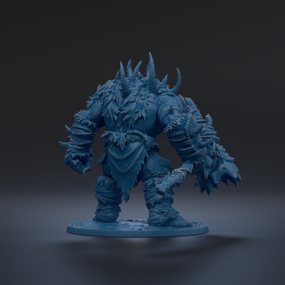 A detailed 3D rendering of a blue armored warrior figure with sharp claws and spikes, standing on a platform and holding a weapon.
