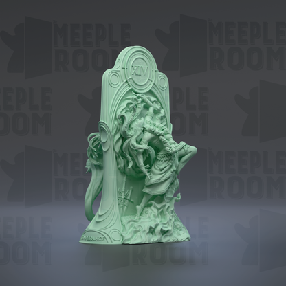 a green sculpture of a woman with flowing hair and a decorative design, set against a dark background with repeated text.