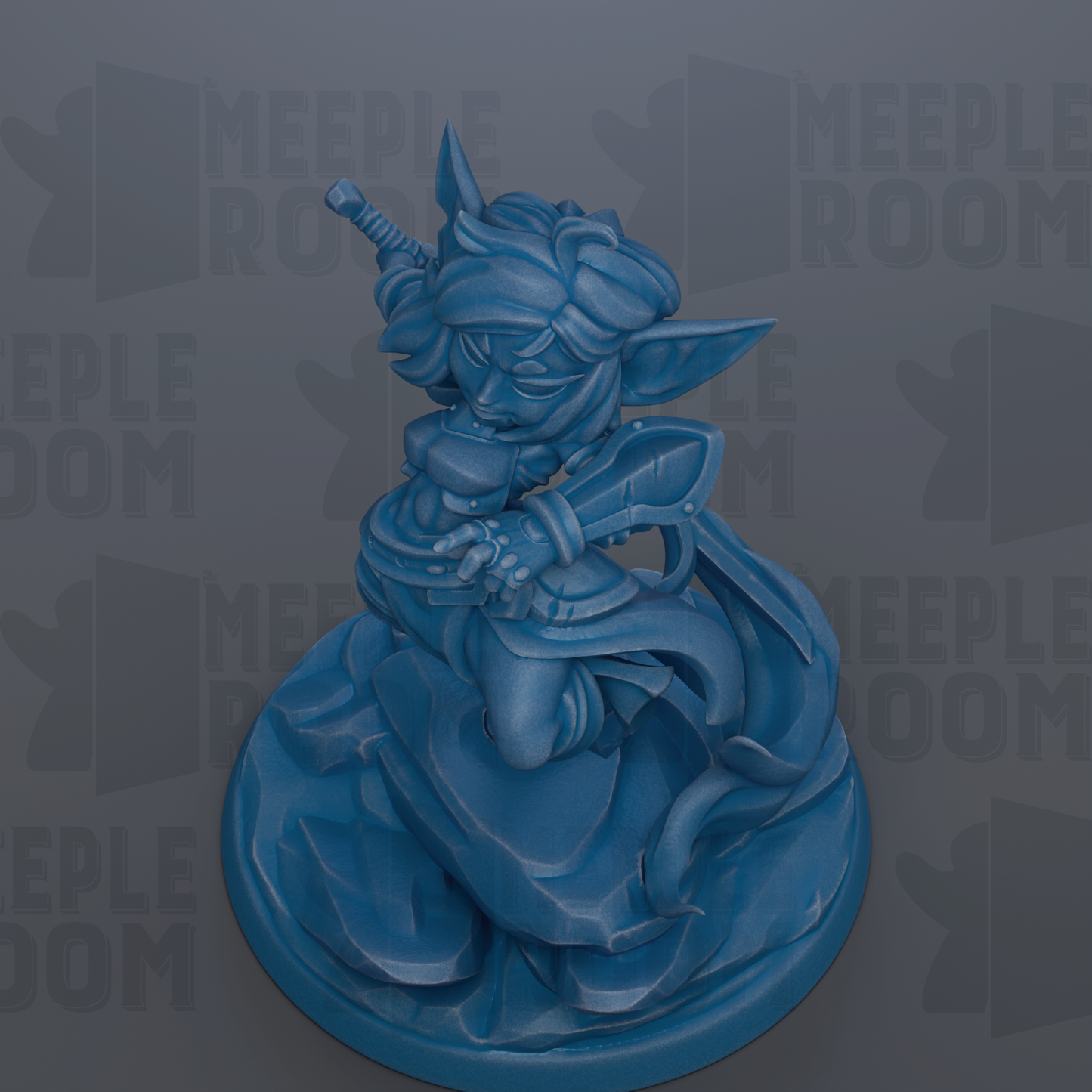 A blue figurine of a character with a sword and shield, sitting on a rock formation.