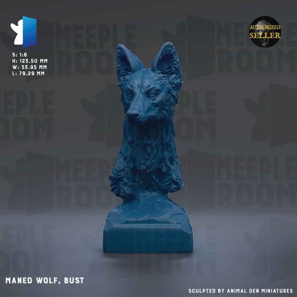 a blue bust of a wolf, specifically the Maned Wolf, displayed on a pedestal.