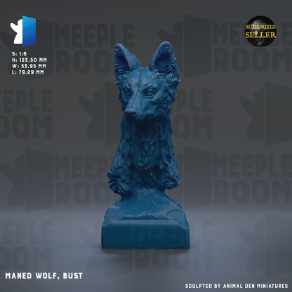 a blue bust of a wolf, specifically the Maned Wolf, displayed on a pedestal.