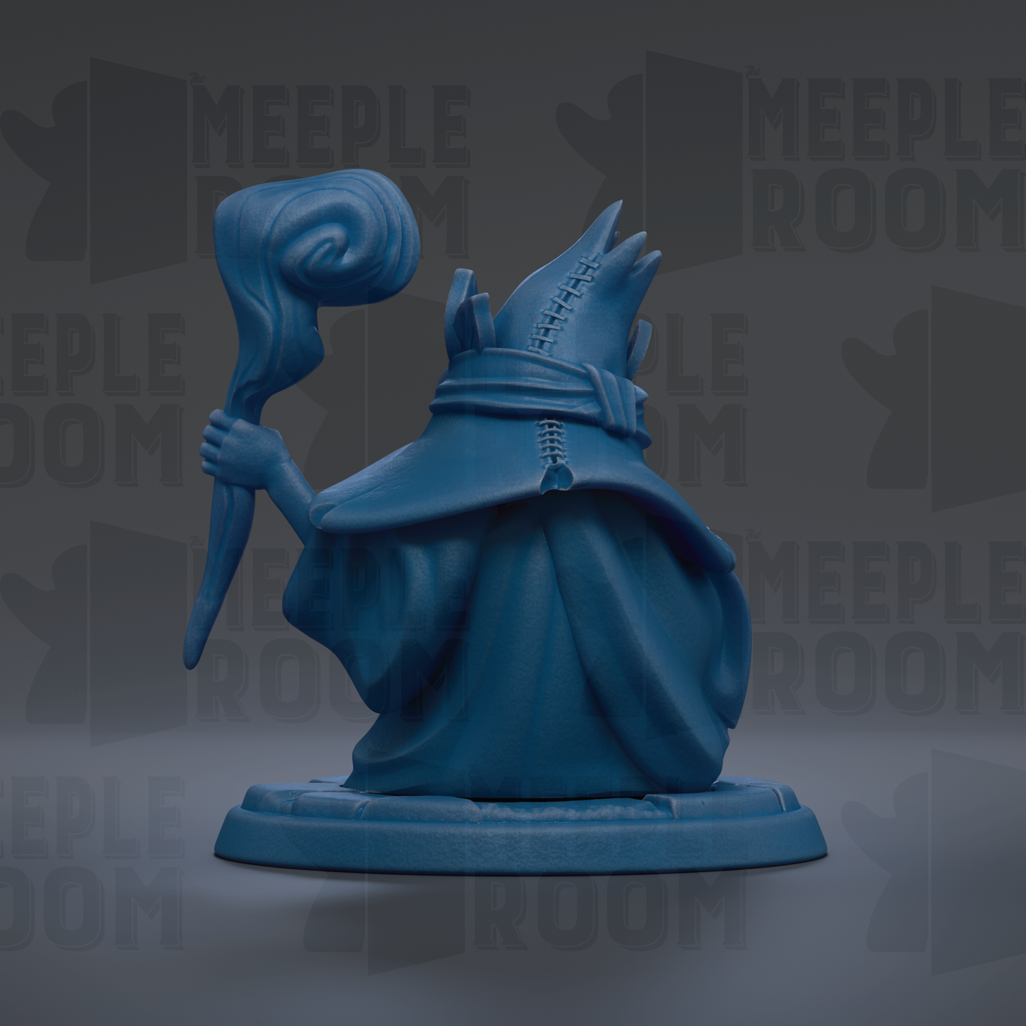 A blue figurine of a wizard or magical being holding a staff and standing on a pedestal.