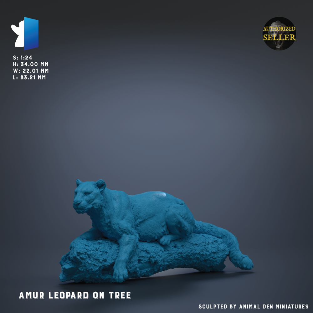 The image is a 3D model of a leopard statue, specifically a figurine of an Amur leopard, which is a type of leopard native to the Russian Far East. The statue is depicted in a sitting position on a tree branch, showcasing its natural habitat and behavior.