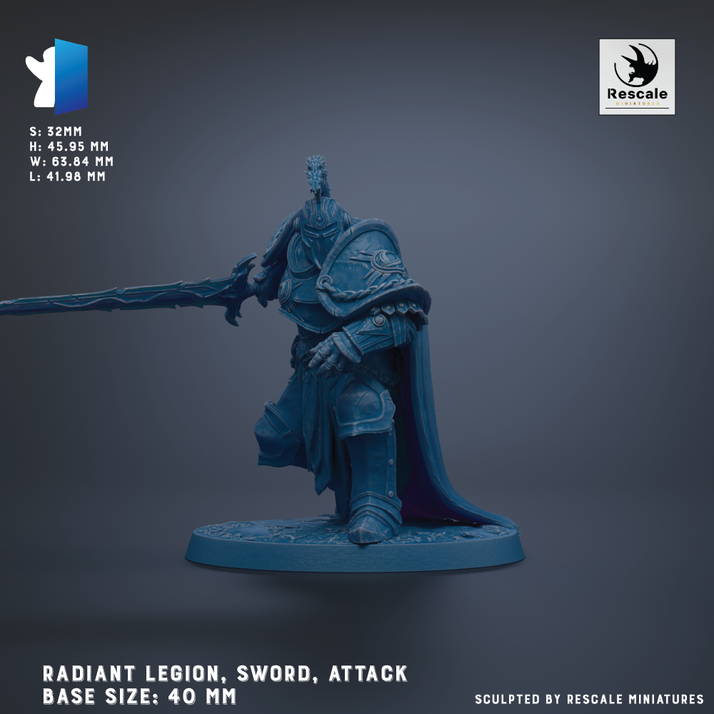 a detailed model of a radiant legion warrior, including a sword and a shield, set against a dark background.