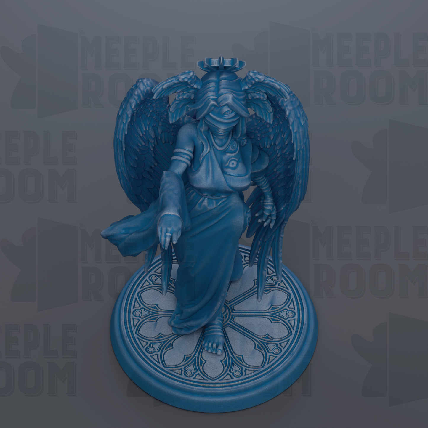 A blue statue of a winged figure with a crown, standing on a circular base with a floral design.