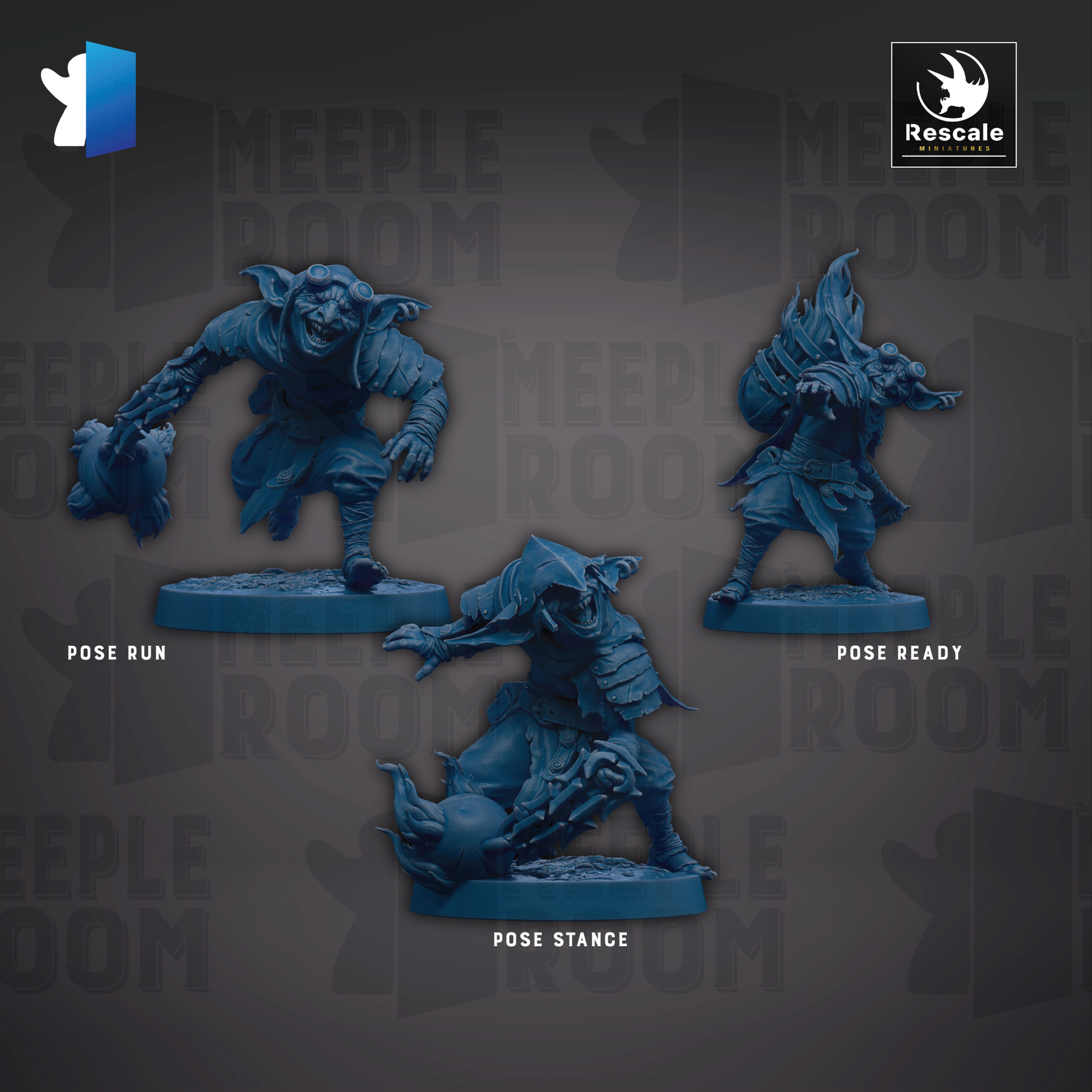 three blue figurines of fantastical creatures, each with a different pose, set against a dark background with repeated text.