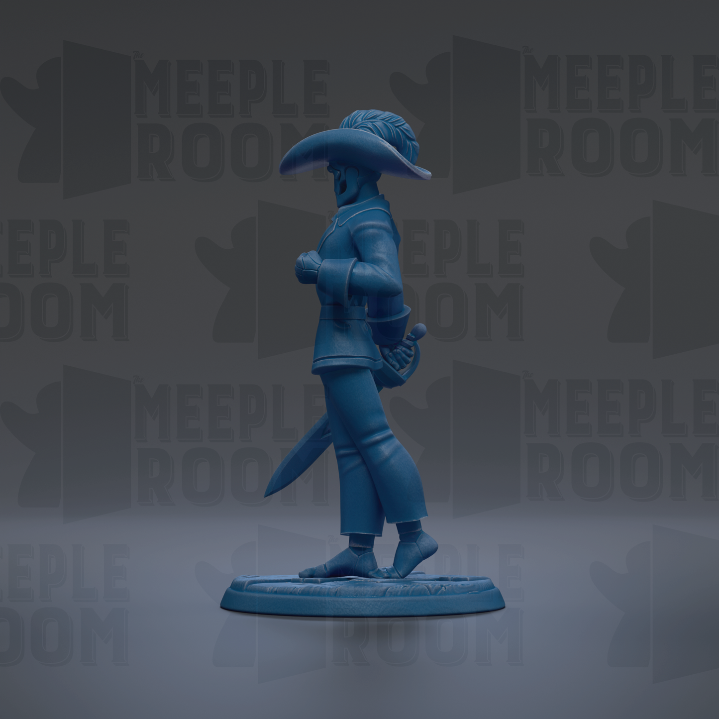 A blue figurine of a person wearing a hat and holding a sword, standing on a base against a dark background with repeated text.