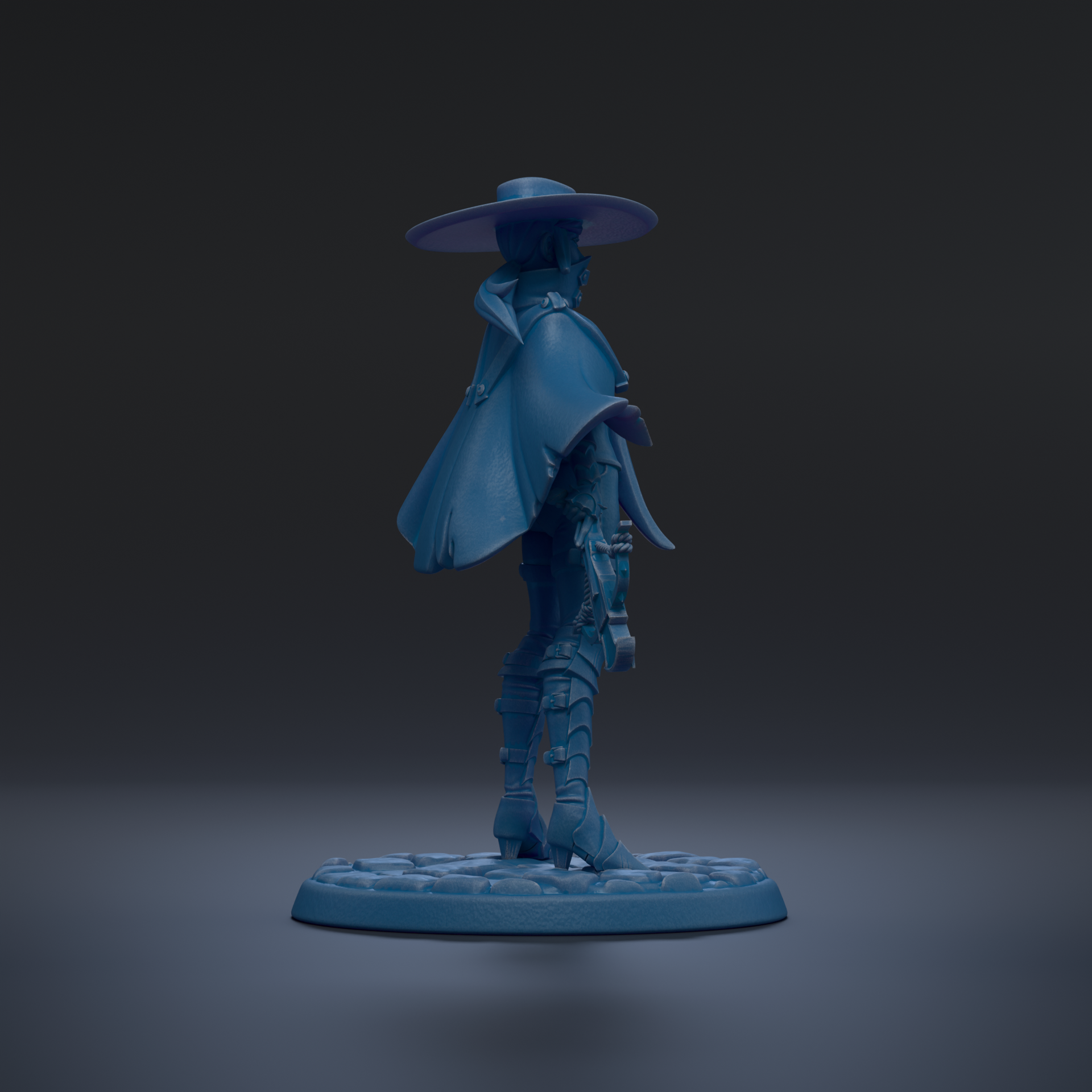 A blue figurine of a person wearing a hat and holding a weapon, standing on a circular base against a dark background.