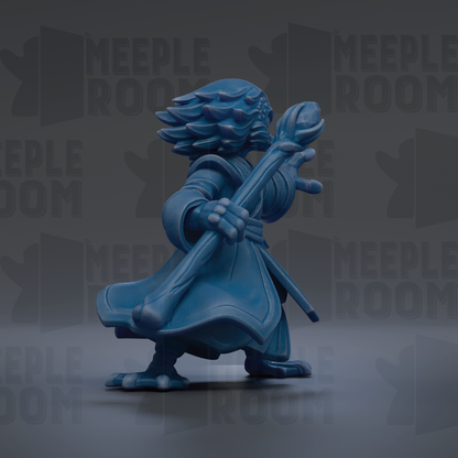 A blue, stylized figure holding a staff and standing against a dark background with repeated text.