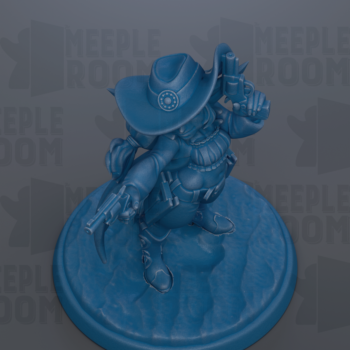 A blue figurine of a cowboy character holding a gun and standing on a blue base.