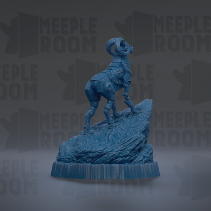 A blue, mechanical-looking statue of a ram or ram-like creature standing on a rock formation.