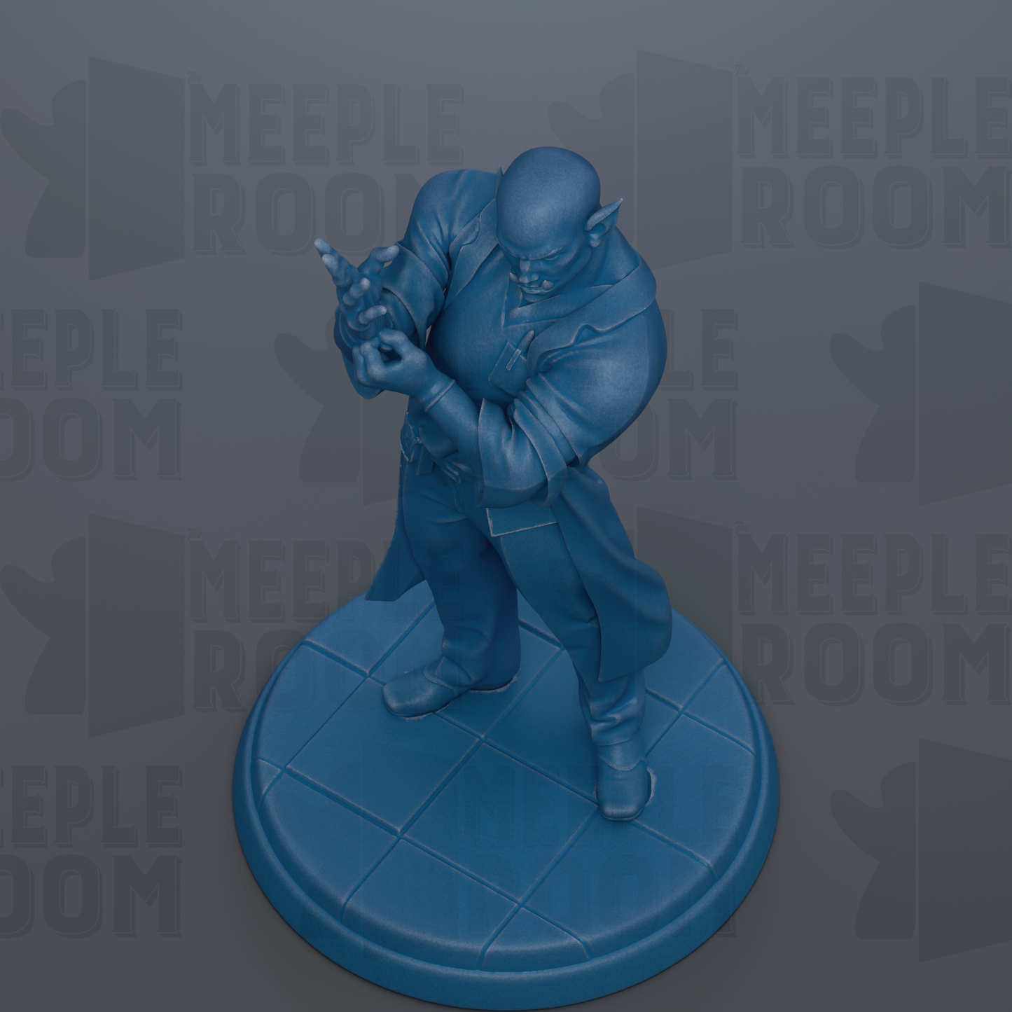 A blue figurine of a person standing on a blue platform.