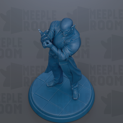 A blue figurine of a person standing on a blue platform.