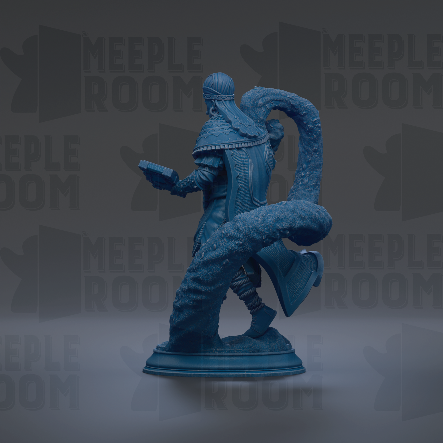 A blue statue of a person holding a book, standing on a pedestal against a dark background with repeated text.