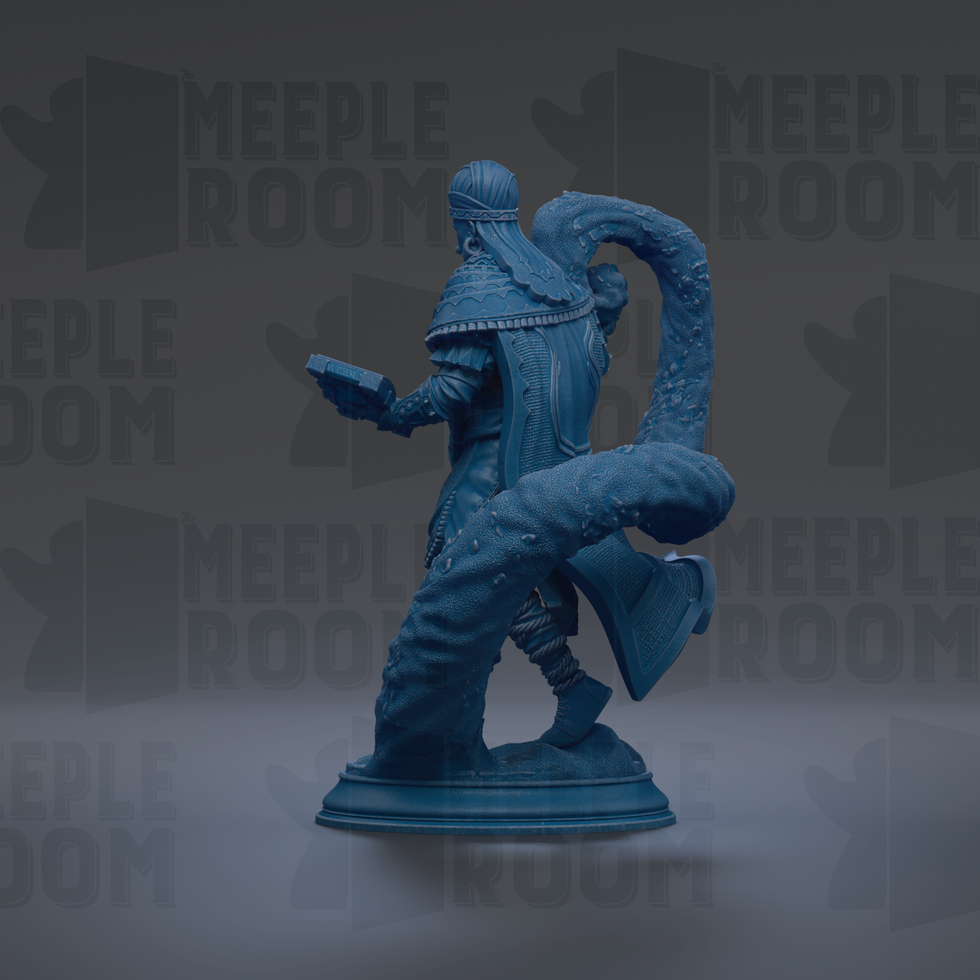 A blue statue of a person holding a book, standing on a pedestal against a dark background with repeated text.