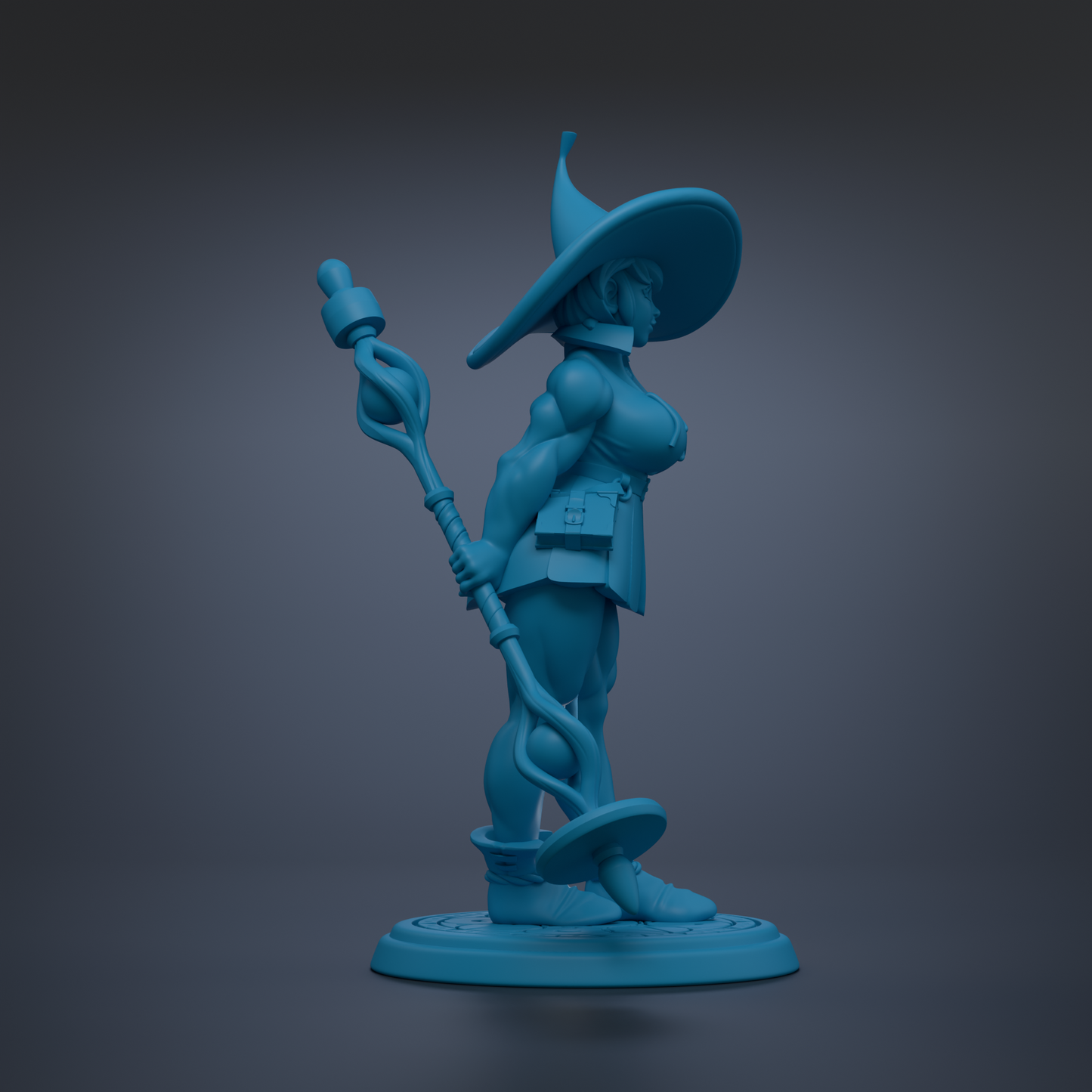 A blue 3D model of a female character wearing a pointed hat and holding a staff, standing on a platform.