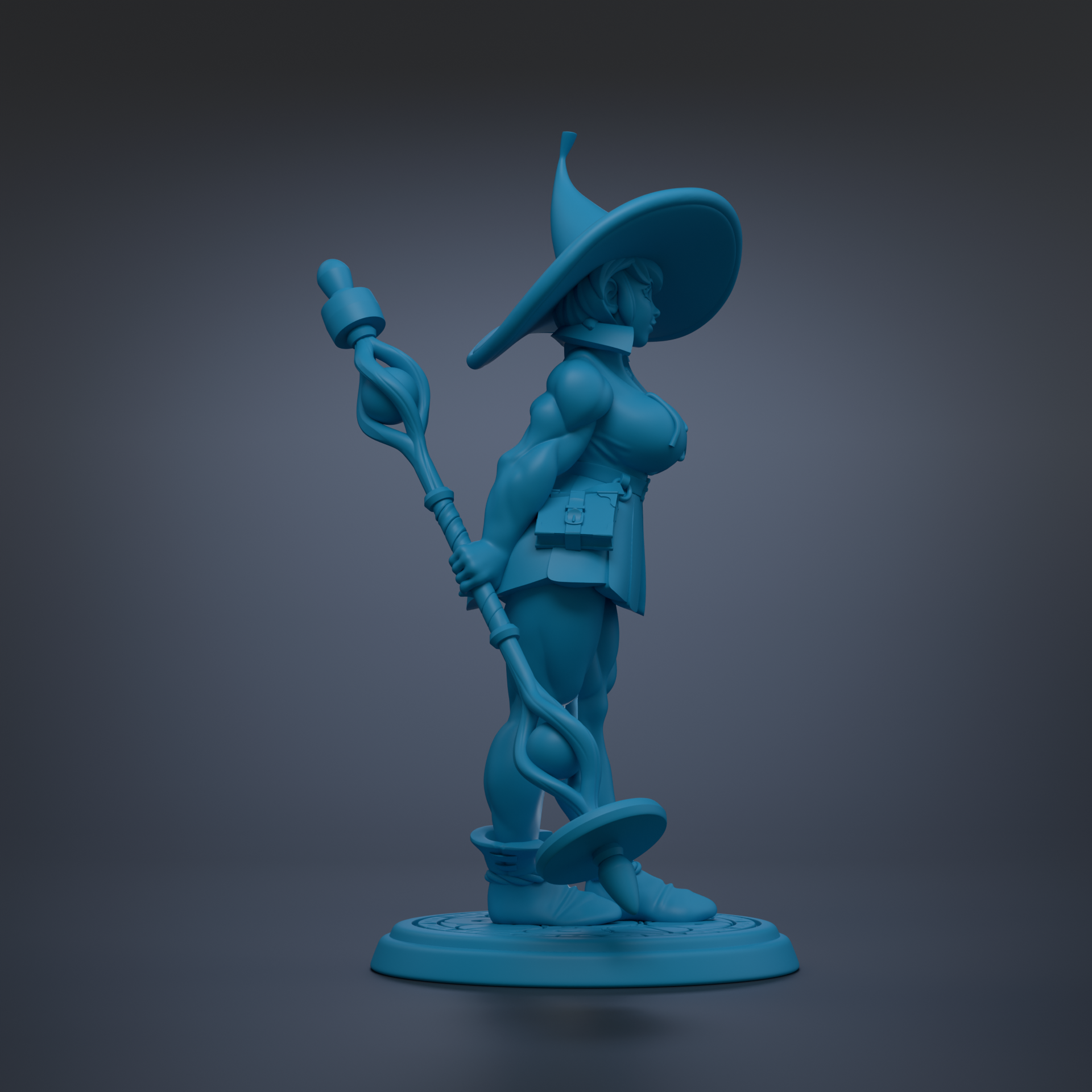 A blue 3D model of a female character wearing a pointed hat and holding a staff, standing on a platform.