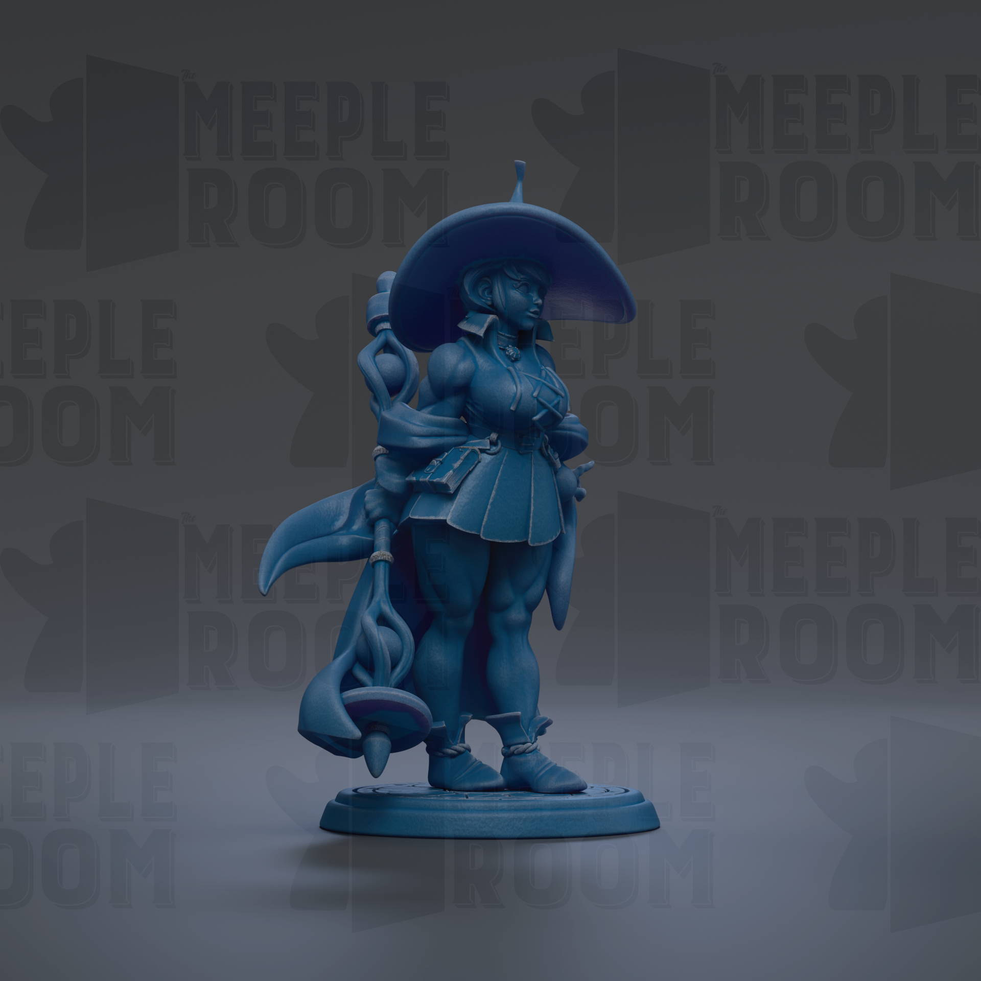 A blue figurine of a woman with a large hat and holding a staff, standing on a platform against a dark background with repeated text.