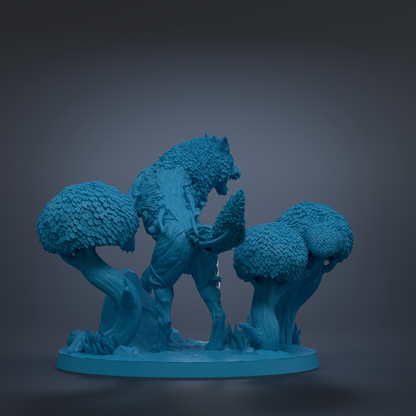 A 3D rendering of a blue wolf-like creature standing on a base, surrounded by various tree-like structures.