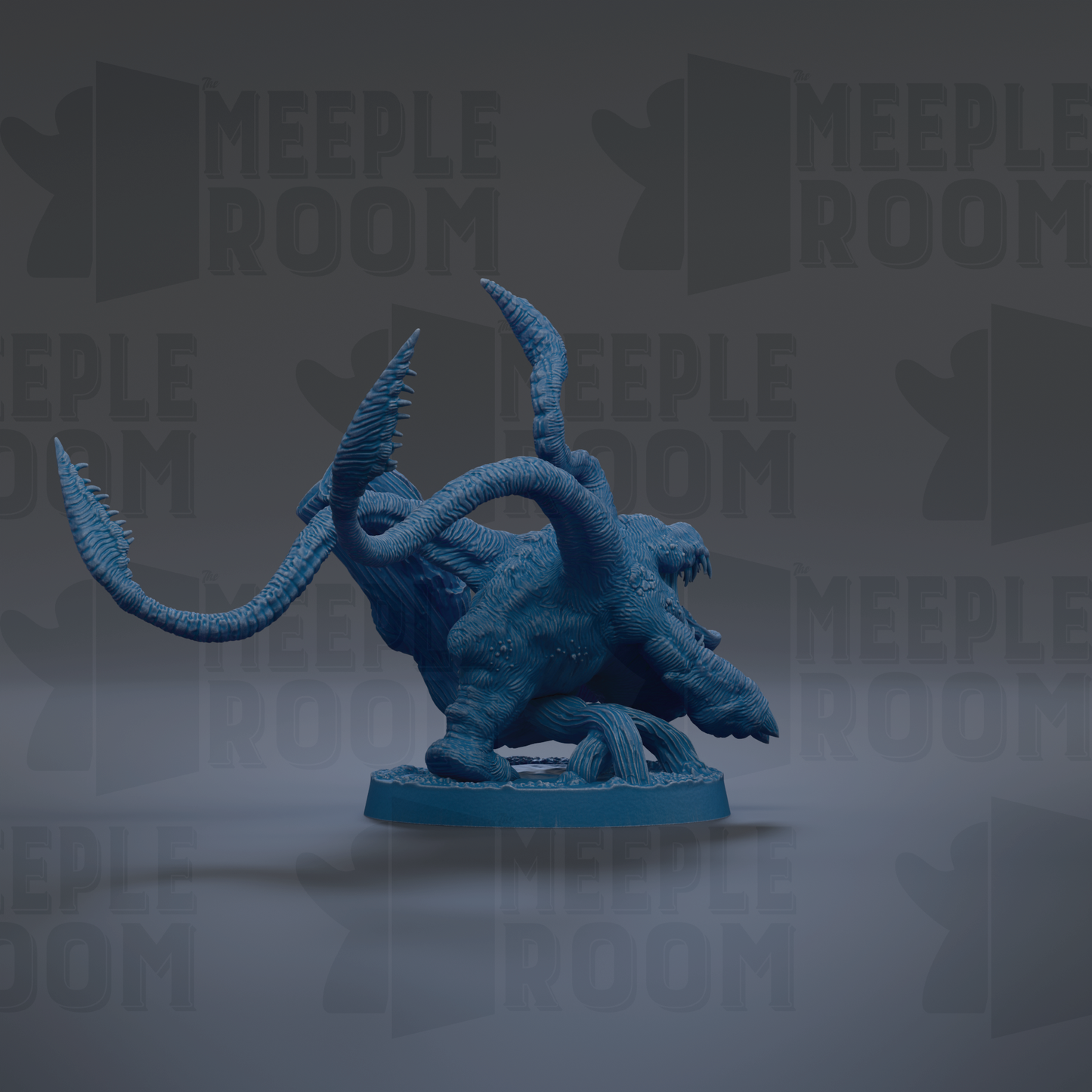A blue, three-dimensional figurine of a fantastical creature with long, sharp claws and a fierce expression, set against a dark background with repeated text.