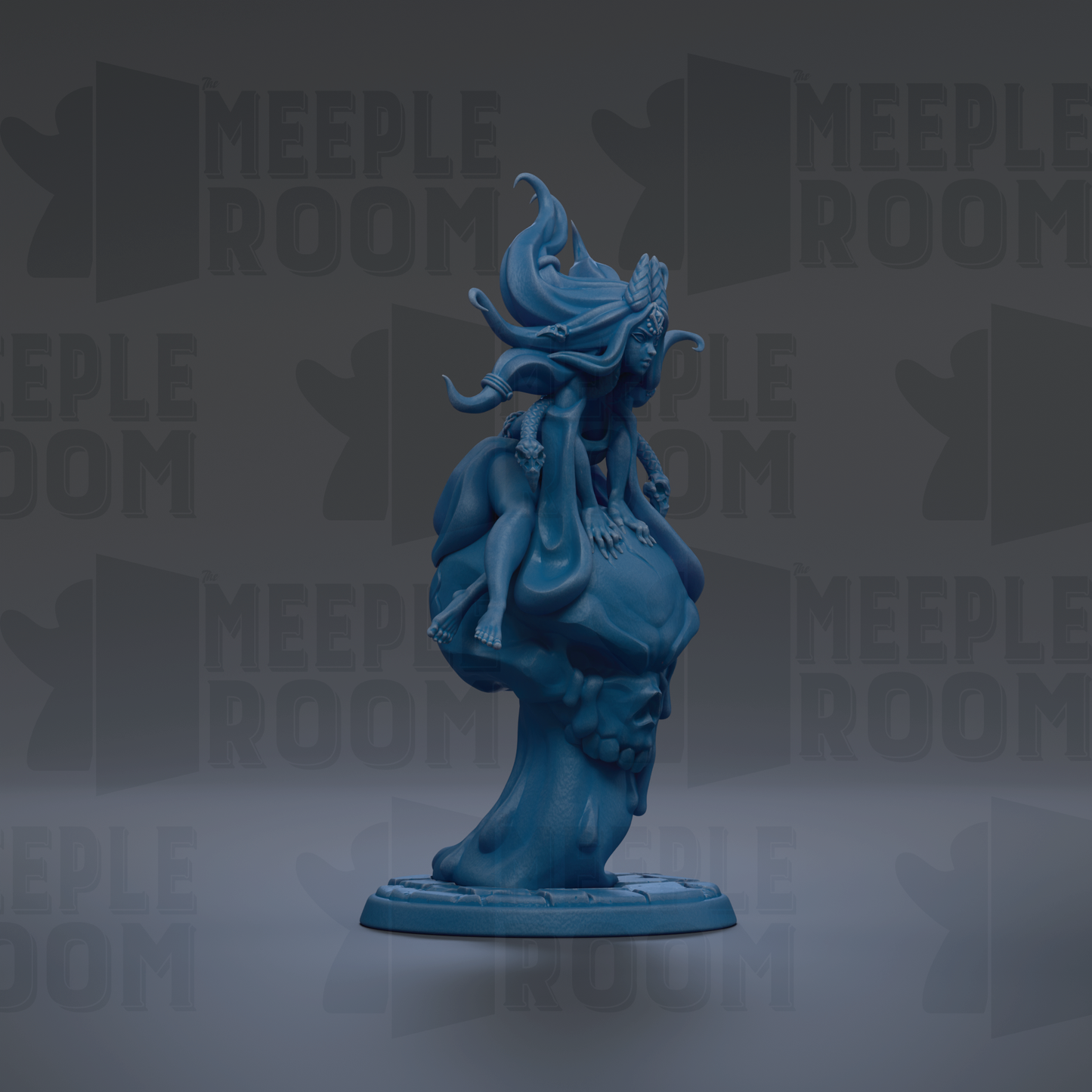 A blue figurine of a fantastical creature with flowing hair and wings, standing on a pedestal against a dark background with repeated text.