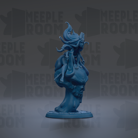 A blue figurine of a fantastical creature with flowing hair and wings, standing on a pedestal against a dark background with repeated text.