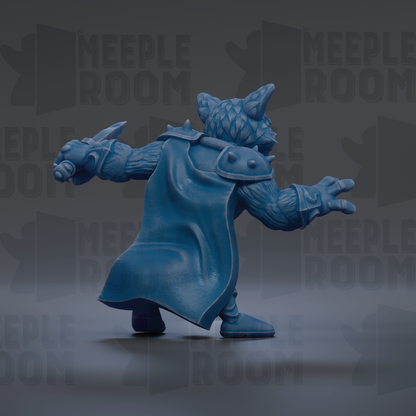 A blue 3D model of a character with a pointed hat and a flowing cape, standing in a dynamic pose with one arm extended and the other bent at the elbow.