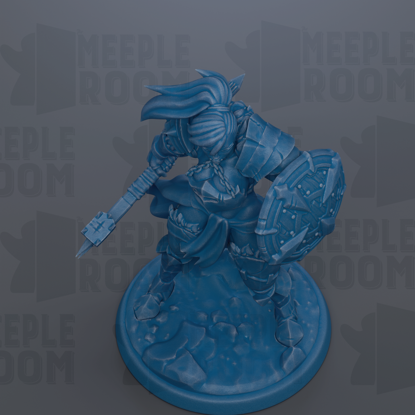 A blue figurine of a warrior figure, holding a shield and sword, is depicted in the image.